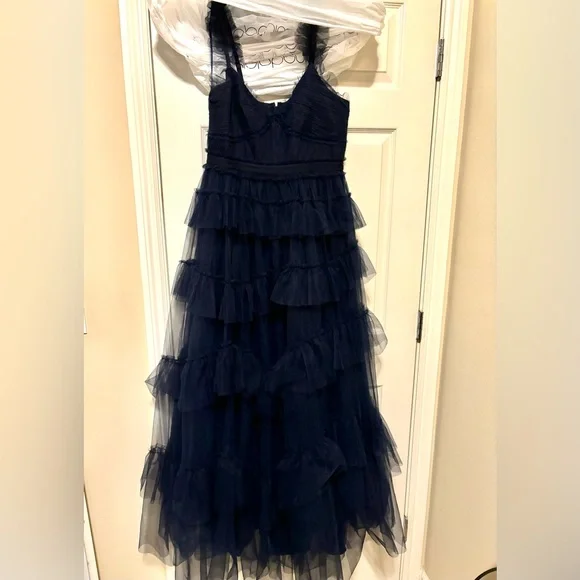 BCBGMAXAZRIA Evening Ruffled Gown, navy tiered tulle - Picture 3 of 13